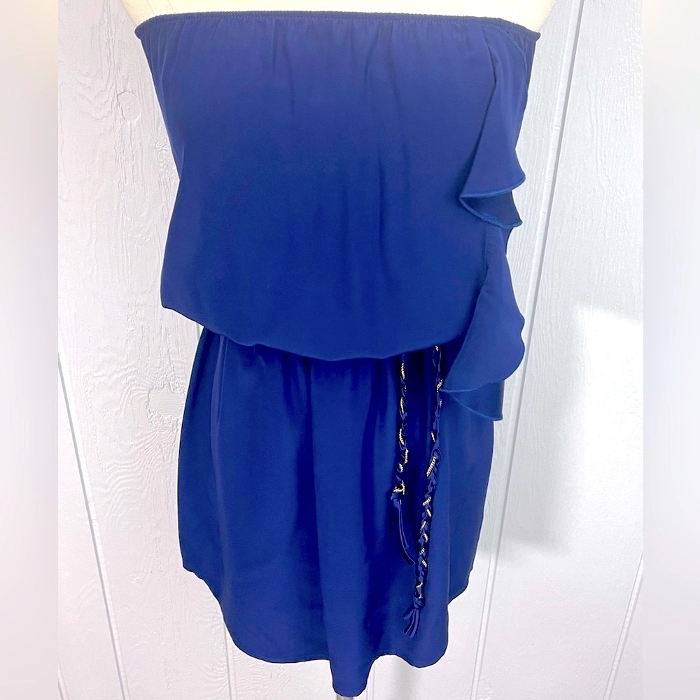 Karina Grimaldi - Silk Blouson Strapless Mini Dress Braided Gold Chain Belt XS - Picture 5 of 12